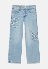 Light blue denim jeans with a straight-leg cut, featuring embroidered butterfly designs on both front legs.