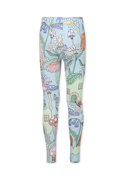 Leggings realizzati in tessuto elastico con uno sfondo blu pastello decorato con motivi floreali colorati e funghi fantasiosi.