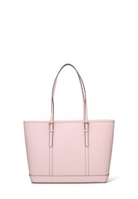 Borsa tote rosa chiaro con design strutturato, texture liscia, doppi manici e dettagli in metallo color oro. Presenta cuciture verticali.