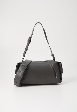 Gray leather handbag with a structured shape, adjustable shoulder strap, and flat accents. Features smooth texture and minimalistic design.