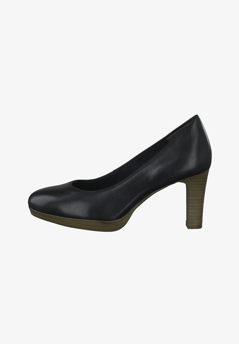Escarpin pour femmes en cuir noir avec bout arrondi et talon moyen empilé en bois, sur fond blanc.