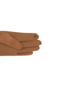 Guanti in tessuto marrone con una texture liscia, dotati di un emblema floreale sul polsino e un design classico con quattro dita e un pollice.