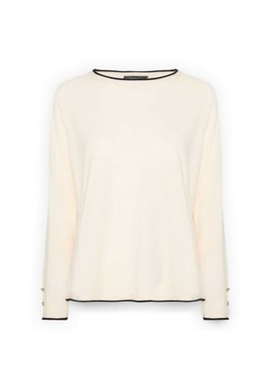 Long-sleeve cream top with a round neckline and black trim. Features button accents on the cuffs, made from soft, lightweight fabric.