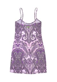 Abito con stampa paisley viola e rosa, con spalline sottili, scollatura tonda e motivi decorativi. Realizzato in tessuto leggero, design fino al ginocchio.