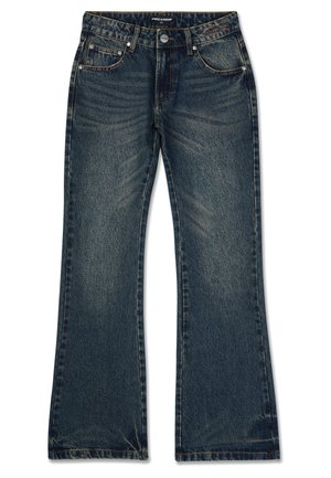 Tummansiniset bootcut farkut, joissa on haalistuneet yksityiskohdat, viisi taskua, nappi- ja vetoketjusuljenta sekä logotikkaus vyötärön kohdalla.