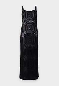 Μαύρο maxi φόρεμα πλεκτό με εφαρμοστή σιλουέτα, που διαθέτει γεωμετρικά σχέδια και ανοιχτά πλέγματα. Ρυθμιζόμενοι ιμάντες και ίσια λαιμόκοψη.