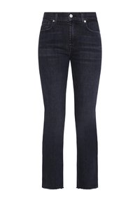Jean en denim bleu foncé avec une coupe droite, taille mi-haute et ourlet brut. Présente des détails en métal sur les boutons et les poches.