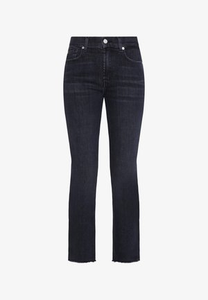 Dark blue denim jeans with a straight leg cut, mid-rise waist, and raw hem. Features metal button and pocket detailing.