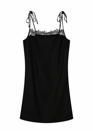 Czarna sukienka na ramiączkach, z koronkową lamówką przy dekolcie i wiązanymi na kokardę ramiączkami, prosta, do kolan.