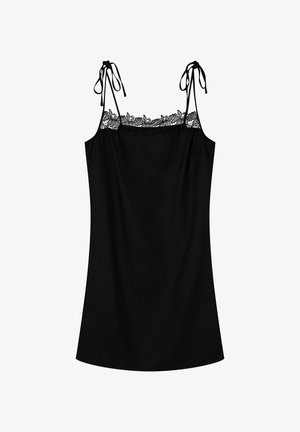 Czarna sukienka na ramiączkach, z koronkową lamówką przy dekolcie i wiązanymi na kokardę ramiączkami, prosta, do kolan.