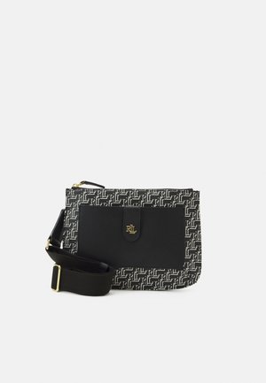 Sac bandoulière noir et blanc avec sangle réglable, fermeture éclair dorée, poche avant et motif répété du logo "RL".