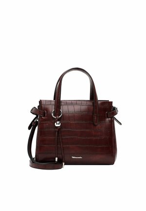 Dark brown crocodile-patterned leather handbag with dual handles, detachable shoulder strap, and silver metal brand logo on front.