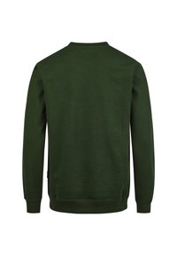 Dark green cotton sweatshirt with long sleeves, a crew neckline, and a smooth texture. Features ribbed cuffs and hem.