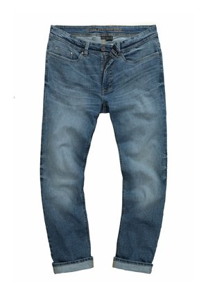 Blaue Jeans aus Denim mit geradem Schnitt, sichtbaren Nähten und hochgerollten Säumen. Klassisches Fünf-Taschen-Design mit Knopfverschluss vorne.