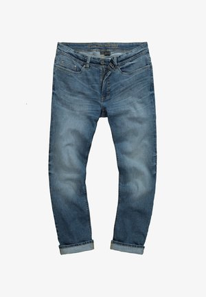 Blaue Jeans aus Denim mit geradem Schnitt, sichtbaren Nähten und hochgerollten Säumen. Klassisches Fünf-Taschen-Design mit Knopfverschluss vorne.
