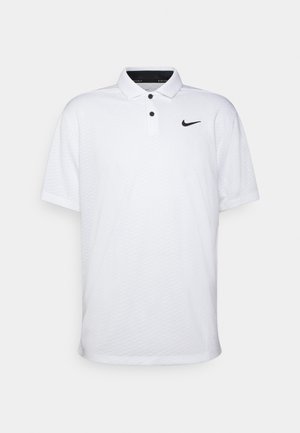 Bílá krátký rukáv Nike golfová polokošile s černými knoflíky a černým logem Nike swoosh na levé hrudi.