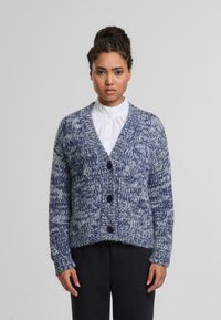 Gebreide cardigan in blauw en wit met een textuurpatroon, v-hals, lange mouwen en vier donkere knopen aan de voorkant.