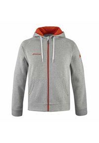 Sweat-shirt zippé gris avec une capuche doublée en orange. Comprend des cordons blancs, deux poches avant et un logo sur la poitrine et la manche.