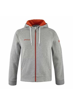 Gray zip-up hoodie with an orange lined hood. Features white drawstrings, two front pockets, and a logo on the chest and sleeve.