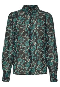 Blusa nera floreale in tessuto trasparente, con motivi floreali turchesi e beige, chiusura a bottoni frontale, colletto e maniche lunghe.
