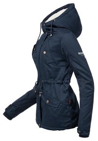Navy blue jacket with a hood, featuring a faux fur lining, drawstrings, two front pockets, and ribbed cuffs. Smooth fabric with a fitted silhouette.