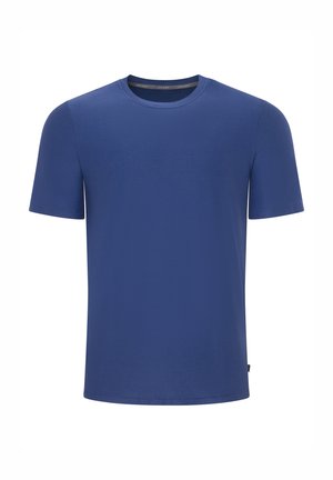 Blå t-shirt med kort ärm och rund hals, tillverkad av mjukt material. Har en sömlös design och rak fåll. Inga synliga mönster eller detaljer.