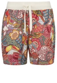 Barevné šortky s květinovým vzorem, měkkým krémovým elastickým pasem a šňůrkou na stažení. Obsahují tropické motivy v živých barvách.