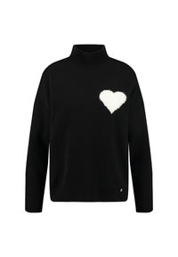 Schwarzer Pullover mit hohem Kragen, ausgestattet mit einem weißen, flauschigen Herzakzent auf der linken Brust. Weicher Stoff, lässige Passform, lange Ärmel.