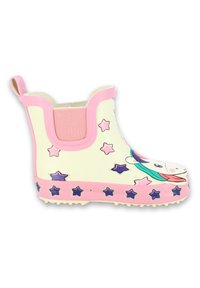 Botte de pluie en caoutchouc rose et crème pour enfant, ornée de motifs d'étoiles violettes et roses, avec un graphique de licorne sur le côté avant.