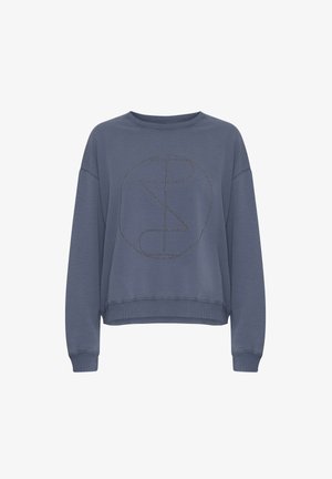 Blauw cropped sweatshirt van zachte stof, met een groot cirkelontwerp voorzien van decoratieve studs. Ribgebreide manchetten en halslijn.