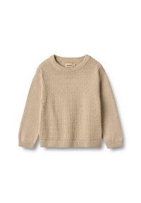 Beżowy sweter dzianinowy z teksturowanym wzorem, okrągłym dekoltem i długimi rękawami. Żebrowane mankiety i dół zapewniają schludne wykończenie.