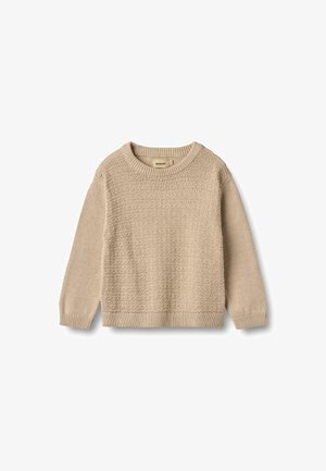 Beige neulepusero, jossa on teksturoitu kuvio, pyöreä pääntie ja pitkät hihat. Ribbaatut hihansuut ja helma tarjoavat rakenteellista viimeistelyä.