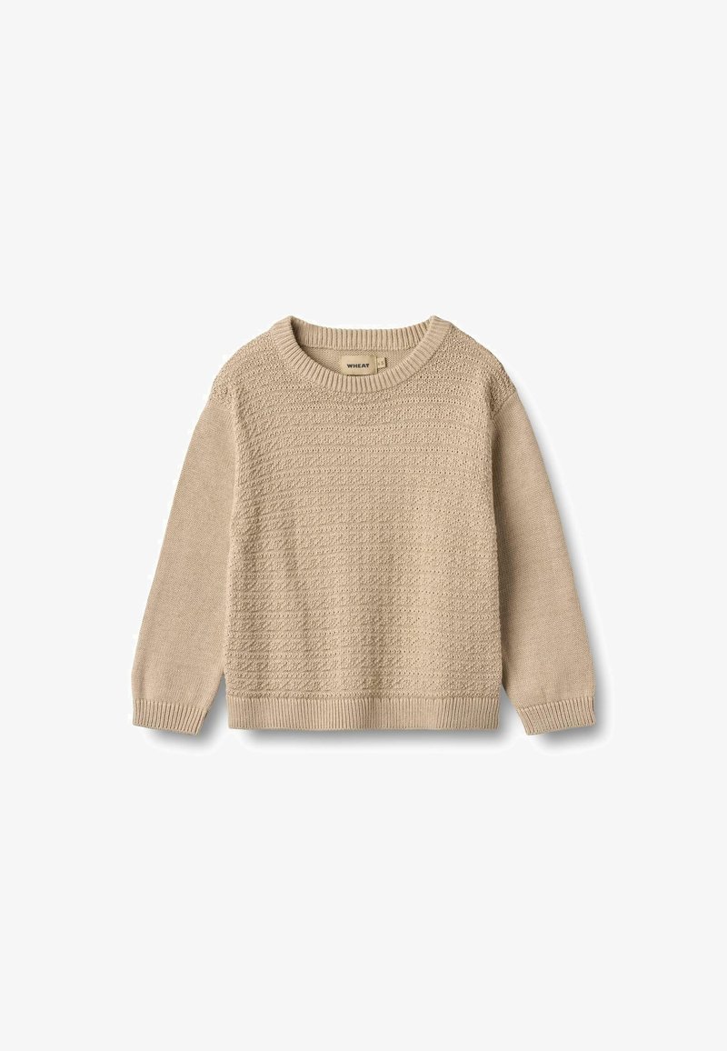 Beige pletený svetr s texturovaným vzorem, kulatým výstřihem a dlouhými rukávy. Žebrované manžety a lem dodávají strukturovaný vzhled.