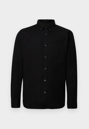 Black long-sleeve button-up shirt made of cotton. Features a collar, front pocket, and button placket with black buttons.