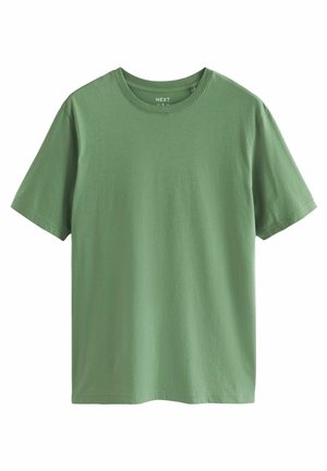 Camiseta de algodón verde con mangas cortas, cuello redondo y una textura suave, con un diseño sencillo y sólido, sin patrones ni acentos.
