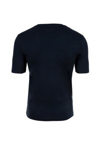 T-paita, jossa on lyhyet hihat ja pyöreä kaula-aukko, tummansinistä puuvillaa. Sujuva pinta, yksinkertainen muotoilu, ei huomattavia korostuksia tai kuvioita. Yksinkertainen takanäkymä.