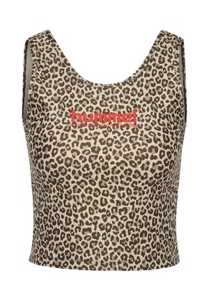 Krótki top w panterkę z zaokrąglonym dekoltem, wykonany z miękkiej tkaniny, z wyrazistym czerwonym logo "hummel performance" na środku.