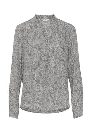 Blusa de manga larga en tejido gris con un patrón geométrico. Presenta un cuello mao y pliegues frontales para mayor detalle.