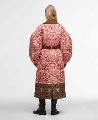 Quilted pink coat with large, puffed sleeves, floral patterns, brown accents, a brown belt, and a long cut featuring a green floral hem.