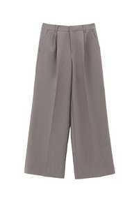 Szare spodnie w szerokim kroju, uszyte z teksturowanej tkaniny. Posiadają centralne zakładki oraz dopasowany pas, co nadaje im elegancki wygląd.