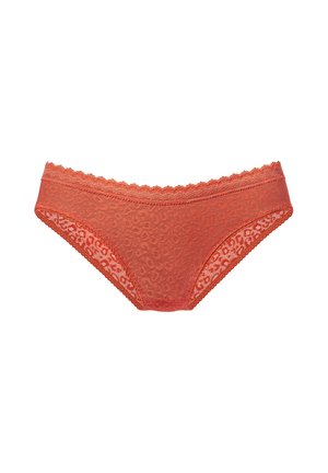 Red lace women's underwear with a floral pattern and scalloped edges on a white background.