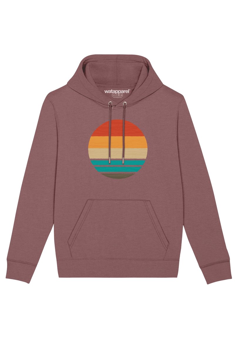 Sudadera color marrón oscuro con un bolsillo frontal, que presenta un gráfico redondo con rayas horizontales en naranja, beige, turquesa y verde. Sudadera con cordón.