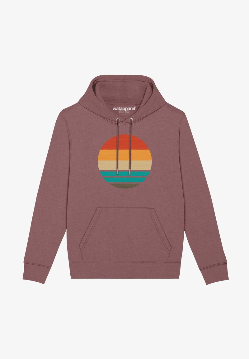 Sudadera color marrón oscuro con un bolsillo frontal, que presenta un gráfico redondo con rayas horizontales en naranja, beige, turquesa y verde. Sudadera con cordón.