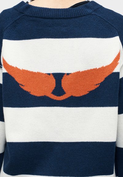 Πουλόβερ με ναυτικό μπλε και λευκές ρίγες και μεγάλο πορτοκαλί σχέδιο φτερού στην άνω πλάτη.