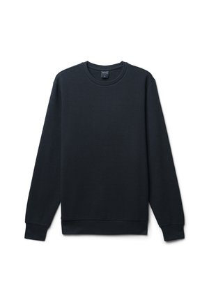 Felpa a maniche lunghe di colore blu scuro, realizzata in tessuto texturizzato, con scollo rotondo e polsini e orlo a coste. Design semplice, senza motivi.