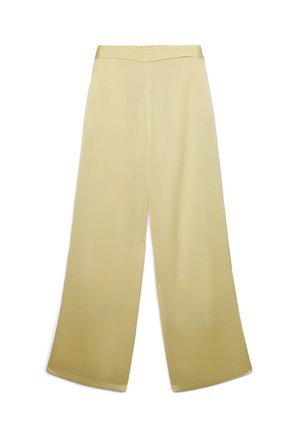 Pantalon à jambes larges en jaune pâle avec une ceinture lisse et sans fermetures visibles, présenté à plat sur fond blanc.
