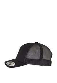 Svart snapback caps med solid stoff foran og nettingbakside. Har en buet skjerm og et logo-akksent på frontpanelet.