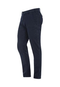 Granatowe chinosy wykonane z bawełny, w slim fit, z dwoma przednimi kieszeniami, jedną tylną kieszenią oraz zapięciem na guzik z suwakiem.