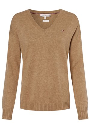 Bruin wollen-cashmere mix V-hals trui met lange mouwen en een klein Tommy Hilfiger vlaglogo op de linkerborst.