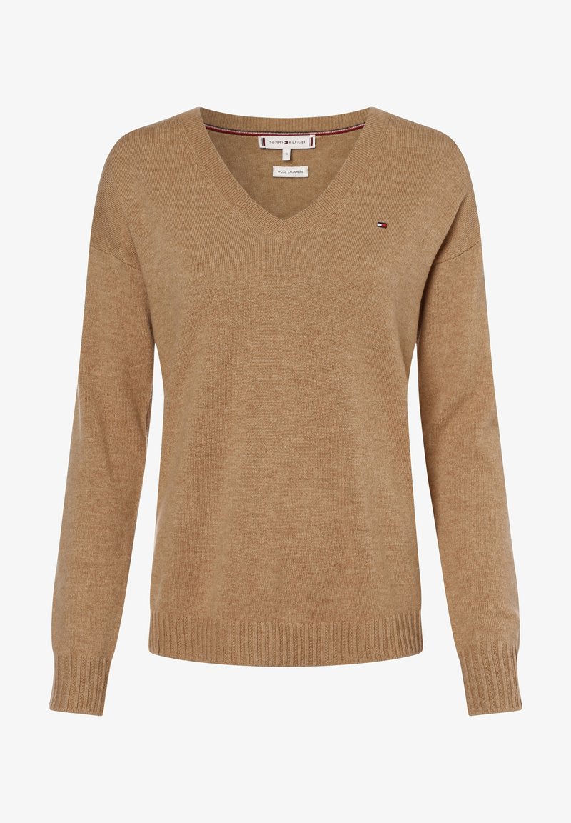 Brązowy sweter z mieszanki wełny i kaszmiru, z dekoltem w serek, długimi rękawami oraz małym logo flagi Tommy Hilfiger na lewej piersi.